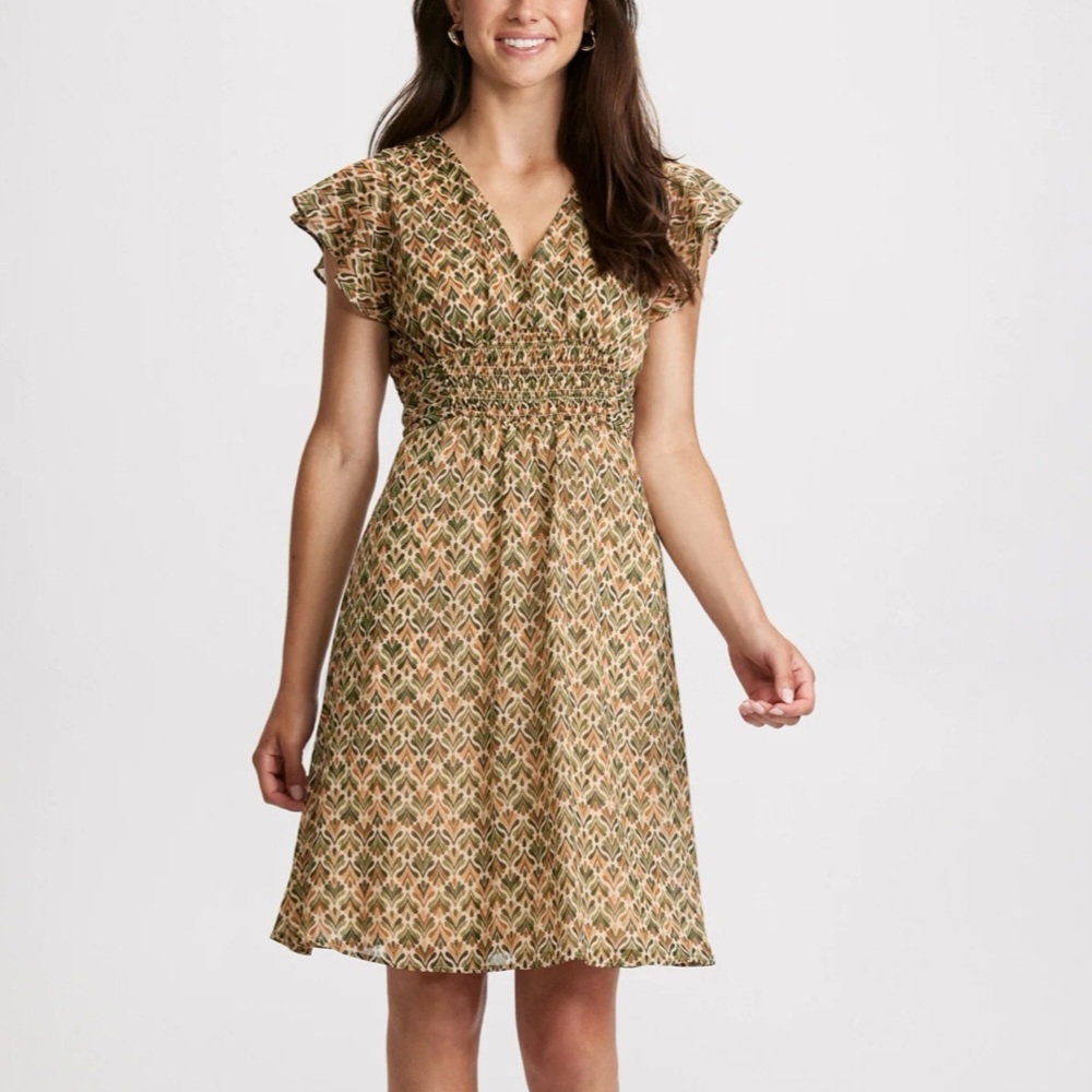Tan Smocked A-Line Midi Dress with Flutter Sleeves size 14 NWT Laura